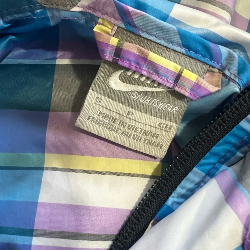 Nike Small Pullover Windbreaker Hooded Blue Plaid Lightweight